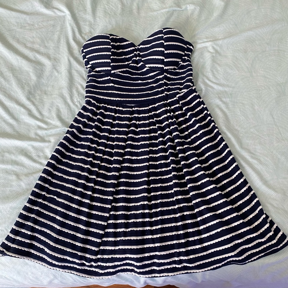 Blue and White Strapless Dress.